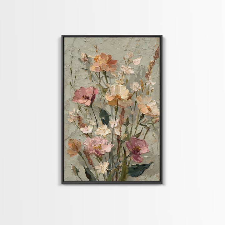 Painterly Meadow with Loose Impressionist Flowers Framed Canvas Print, Art, Neutral Decor, Living Room Decor, Fine Art, ART-2x3-47