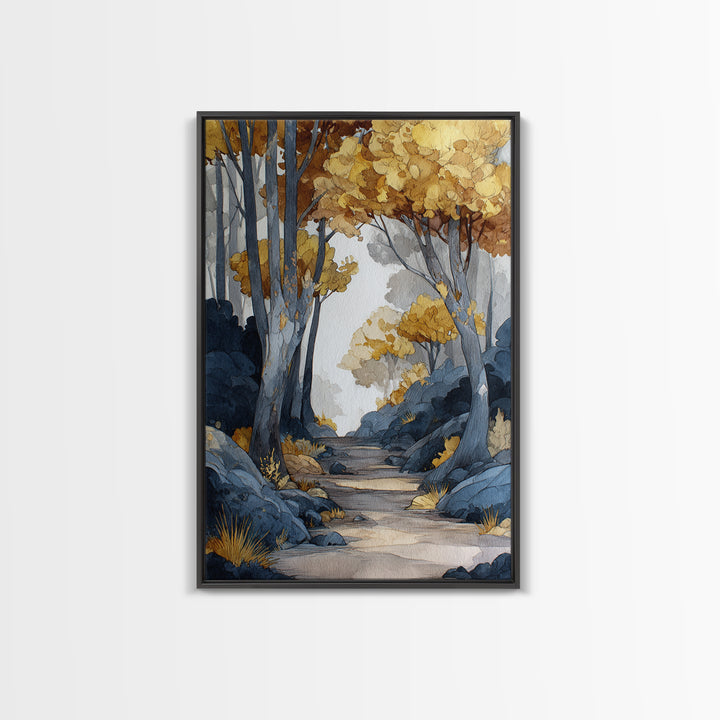Woodland Path with Golden Autumn Atmosphere Framed Canvas Print, Art, Horizontal Wall Art, Living Room Decor, Fine Art, ART-2x3-55