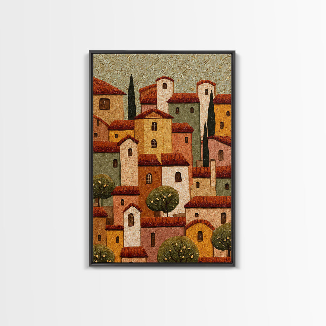 Naive Folk Art Village Framed Canvas Print, Art, Wall Art Prints, Living Room Decor, Fine Art, Ai Art, Textured Wall Art, ART-2x3-76