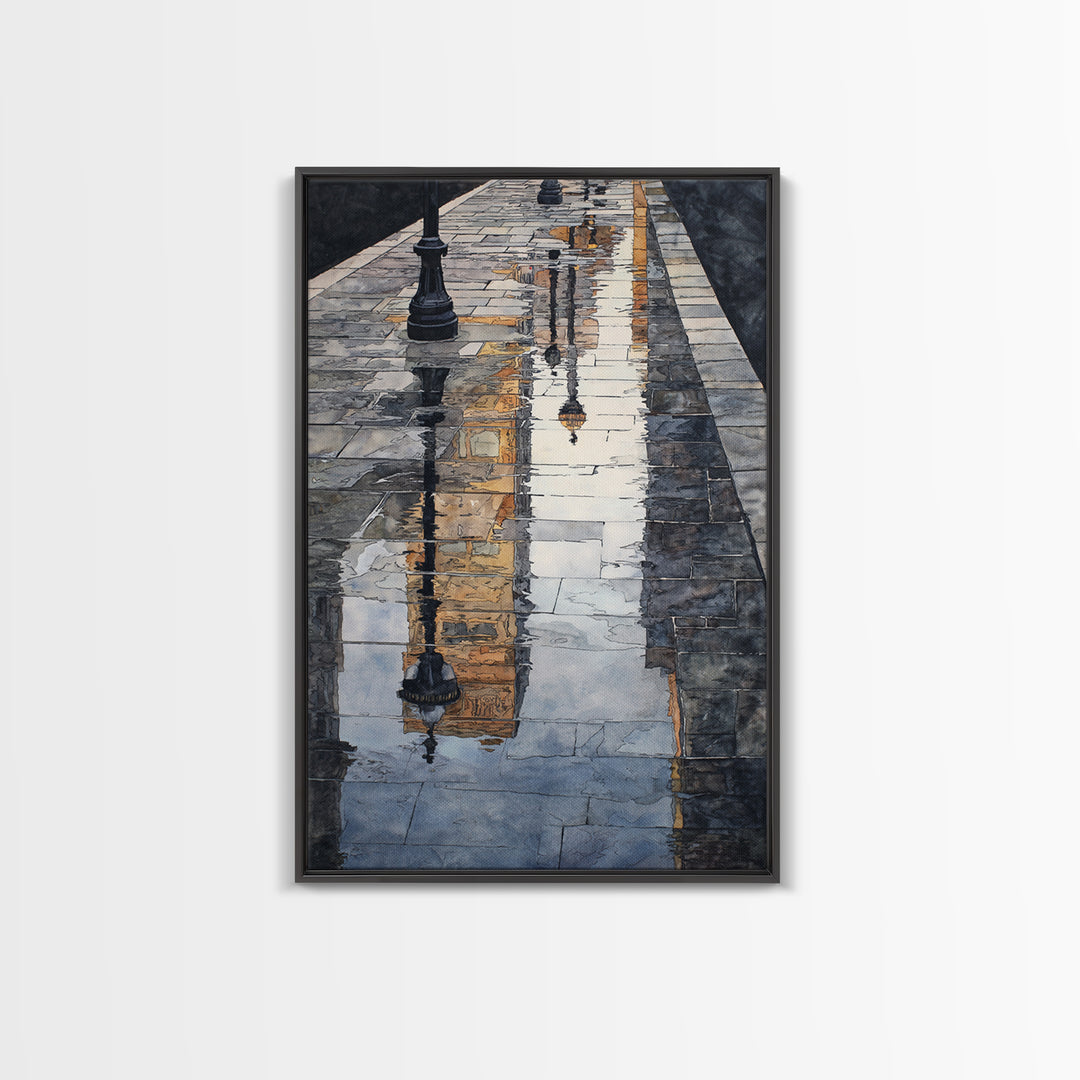 Moody City Scene Reflected Framed Canvas Print, Art, Living Room Decor, Fine Art, Art Nouveau, Framed Wall Art, ART-2x3-90