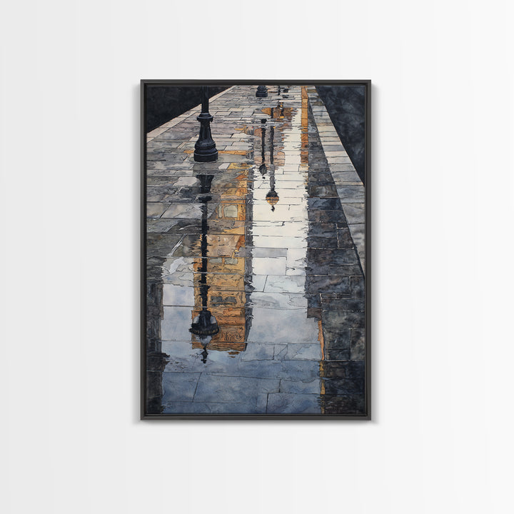 Moody City Scene Reflected Framed Canvas Print, Art, Living Room Decor, Fine Art, Art Nouveau, Framed Wall Art, ART-2x3-90