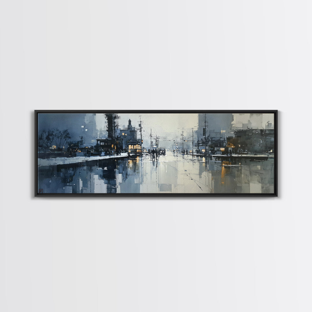 Moody City Scene Reflected Framed Canvas Print, Art, Wall Art, Living Room Decor, Fine Art, Original Art, Art Nouveau, ART-3x1-2