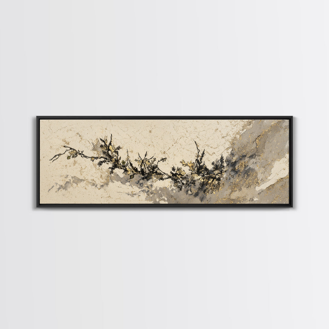 Minimal Botanical Ink Drawing on Handmade Paper Canvas Print, Art, Art Deco, Living Room Decor, Fine Art, Printable Art, ART-3x1-21