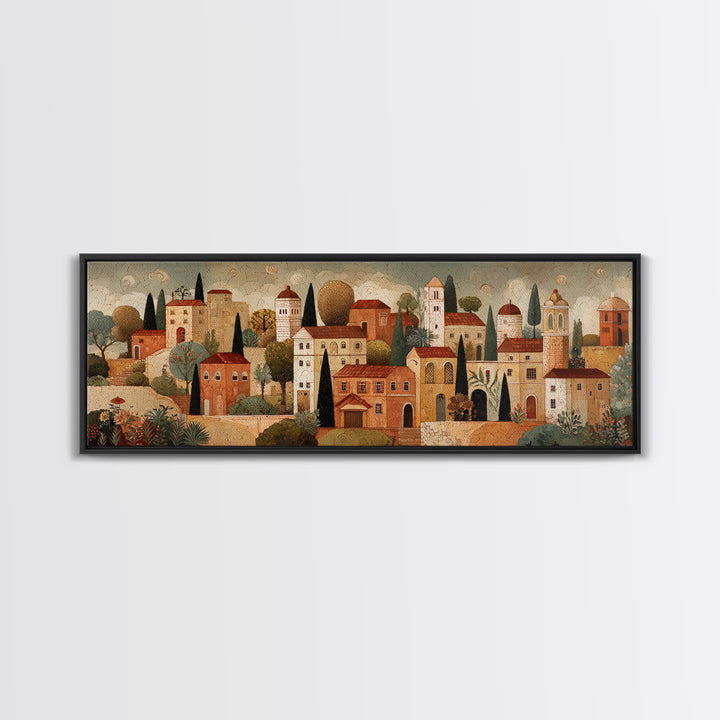 Naive Folk Art Village Framed Canvas Print, Art, Modern Decor, Living Room Decor, Fine Art, Art Prints, Digital Art, ART-3x1-60