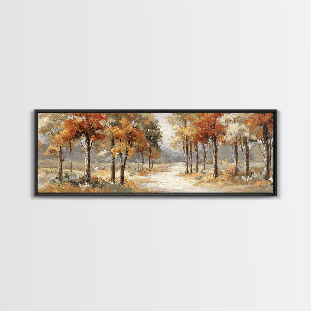 Woodland Path with Golden Autumn Atmosphere Framed Canvas Print, Art, Statement Artwork, Living Room Decor, Fine Art, ART-3x1-63