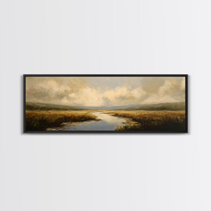 Classic Landscape with Winding River and Atmospheric Framed Canvas Print, Art, Digital Art, Living Room Decor, Fine Art, ART-3x1-67