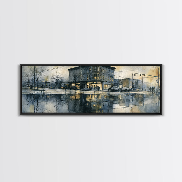 Moody City Scene Reflected Framed Canvas Print, Art, Art Deco, Living Room Decor, Oil Painting, Printable Art, ART-3x1-74