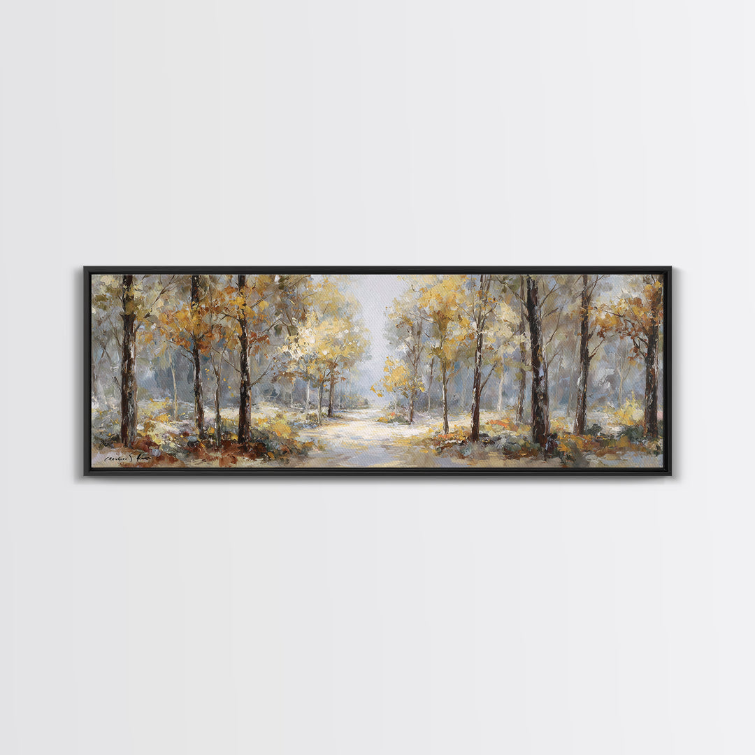 Woodland Path with Golden Autumn Atmosphere Framed Canvas Print, Art, Art Print, Living Room Decor, Fine Art, ART-3x1-87