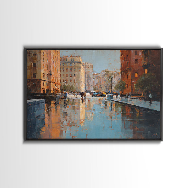 Moody City Scene Reflected Framed Canvas Print, Art, Living Room Decor, Fine Art, Art Nouveau, Framed Wall Art, ART-3x2-14