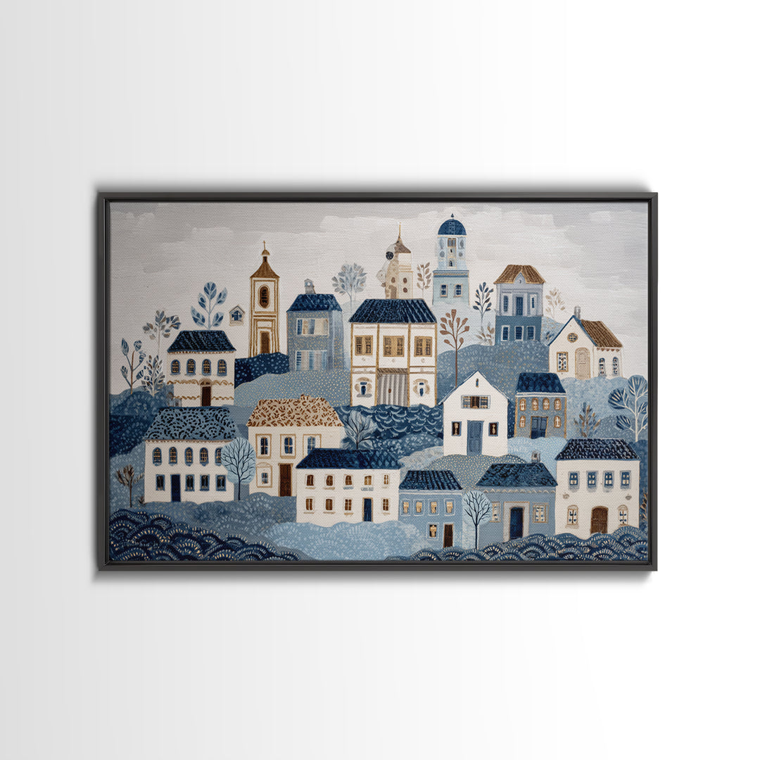 Naive Folk Art Village Framed Canvas Print, Art, Wall Art Prints, Living Room Decor, Fine Art, Ai Art, Textured Wall Art, ART-3x2-24