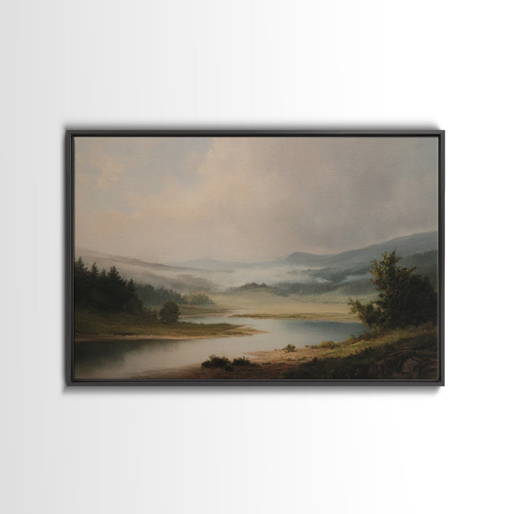 Classic Landscape with Winding River and Atmospheric Framed Canvas Print, Art, Framed Wall Art, Living Room Decor, Fine Art, ART-3x2-79