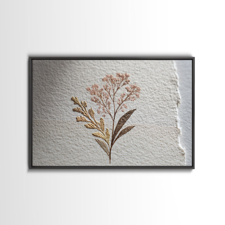 Minimal Botanical Ink Drawing on Handmade Paper Framed Canvas Print, Art, Ai Art, Living Room Decor, Watercolor Art, ART-3x2-81