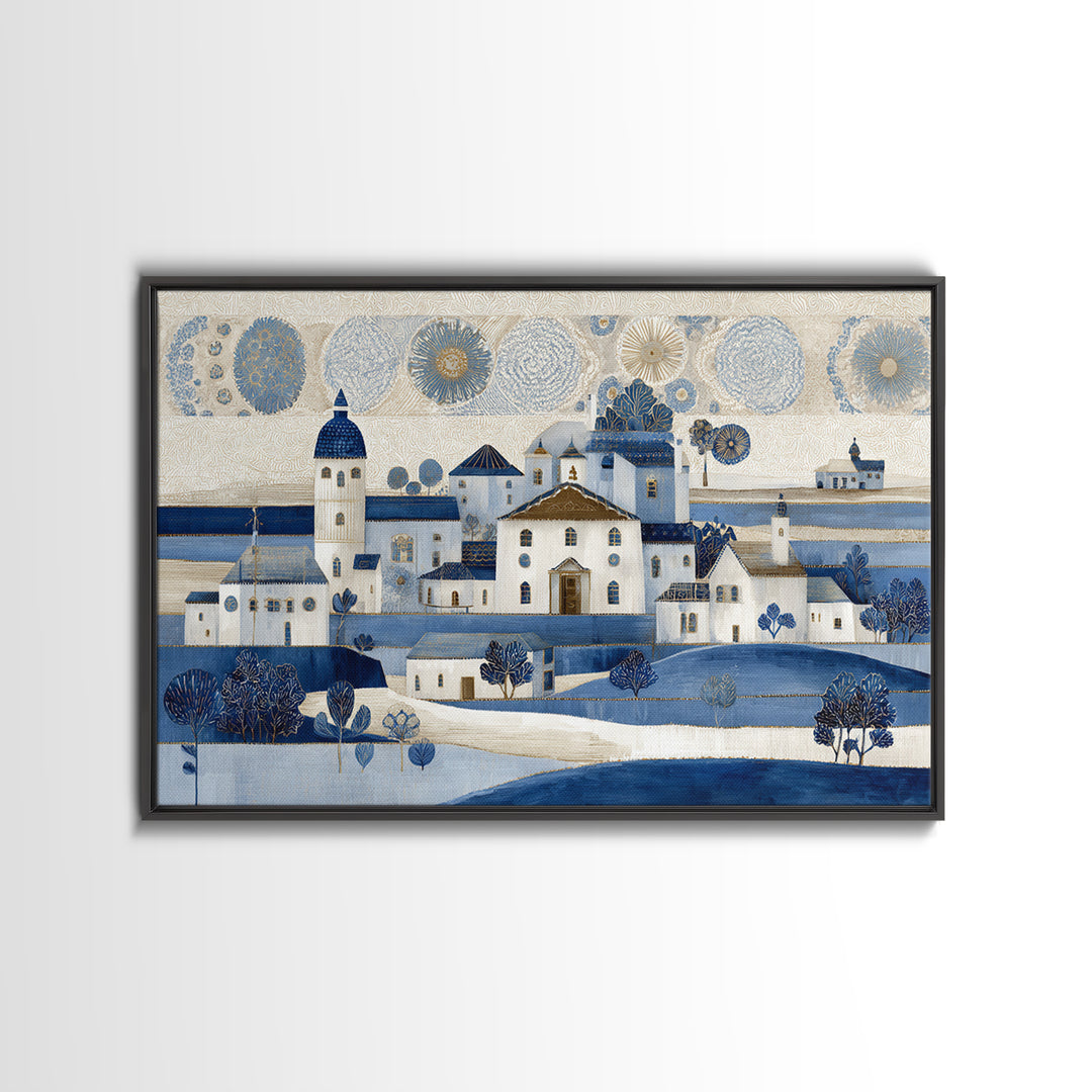 Naive Folk Art Village Framed Canvas Print, Art, Pink Wall Art, Living Room Decor, Fine Art, Textured Painting, ART-3x2-96