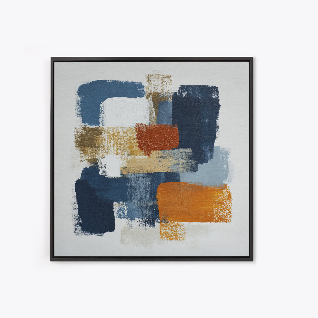 Bold Navy and Ivory Abstract Brushwork Framed Canvas Print, Above Sofa Art, Living Room Wall Art, Living Room Decor, Statement, ASA-1x1-66