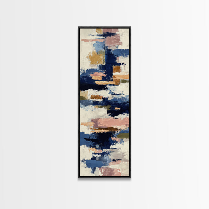 Bold Navy and Ivory Abstract Brushwork Framed Canvas Print, Above Sofa Art, Bedroom Wall Art, Living Room Decor, Abstract Art, ASA-1x3-30