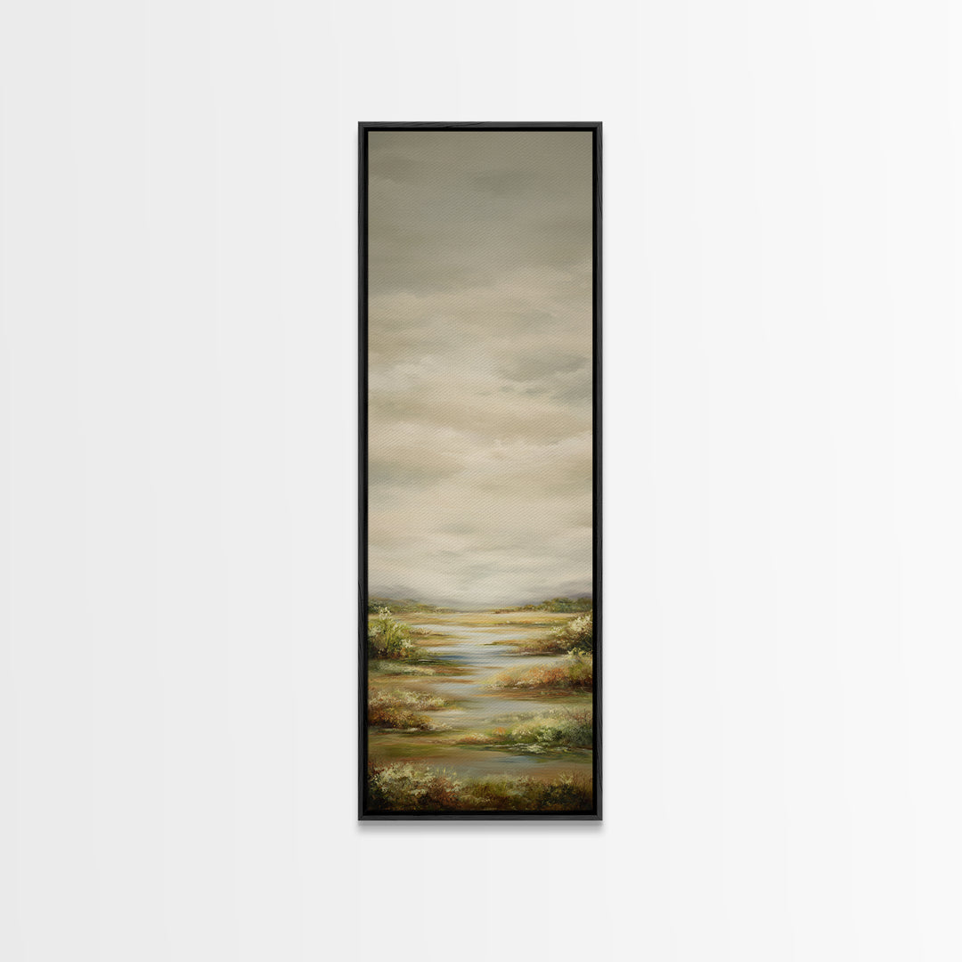 Wide Olive and Beige Meadow Panorama Framed Canvas Print, Above Sofa Art, Coastal Wall Art, Living Room Decor, Statement, ASA-1x3-70