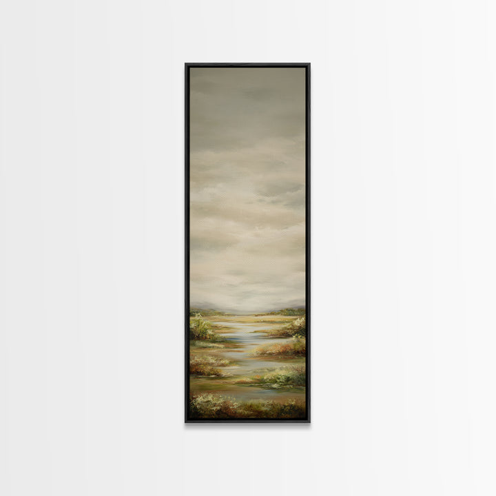 Wide Olive and Beige Meadow Panorama Framed Canvas Print, Above Sofa Art, Coastal Wall Art, Living Room Decor, Statement, ASA-1x3-70