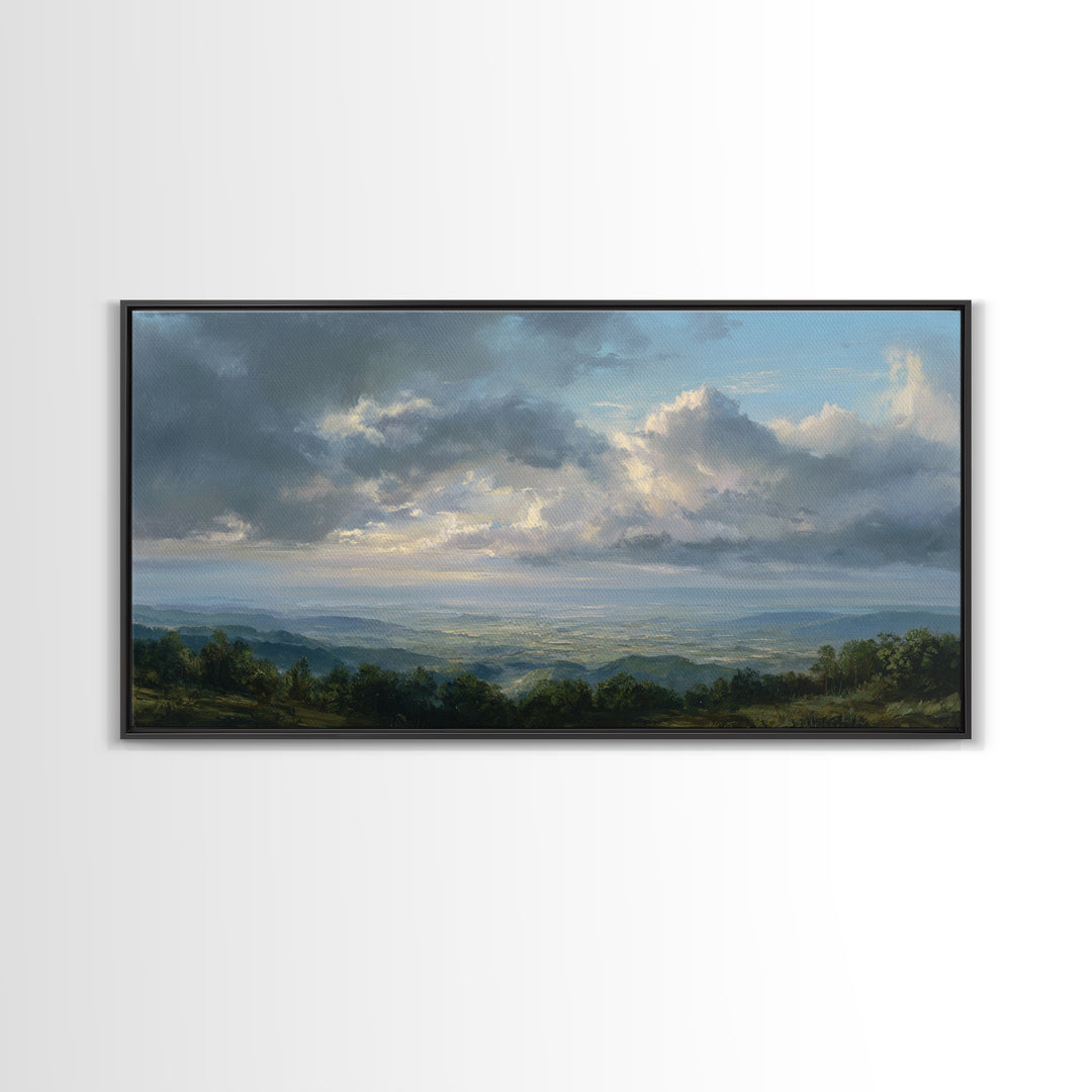 Dramatic Cloudscape over a Distant Valley Framed Canvas Print, Above Sofa Art, Living Room Decor, Oil Painting, Statement, ASA-2x1-25
