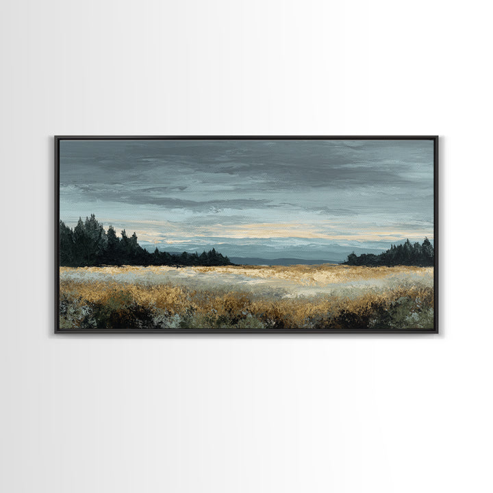 Wide Olive and Beige Meadow Panorama Framed Canvas Print, Above Sofa Art, Modern Decor, Living Room Decor, Oil Painting, ASA-2x1-30