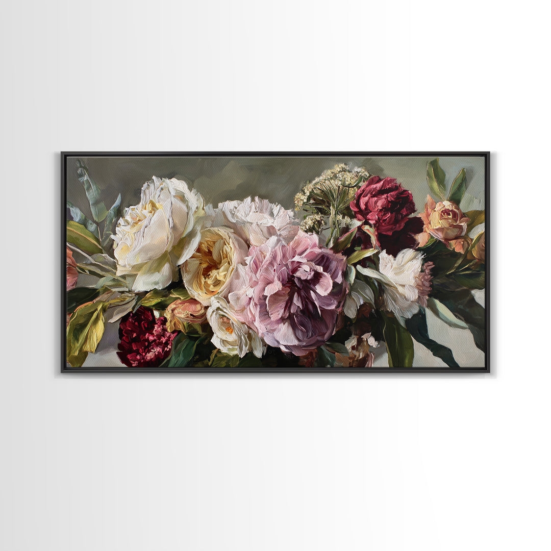 Large Expressive Floral Bouquet Framed Canvas Print, Above Sofa Art, Luxury Decor, Living Room Decor, Oil Painting, Statement, ASA-2x1-50