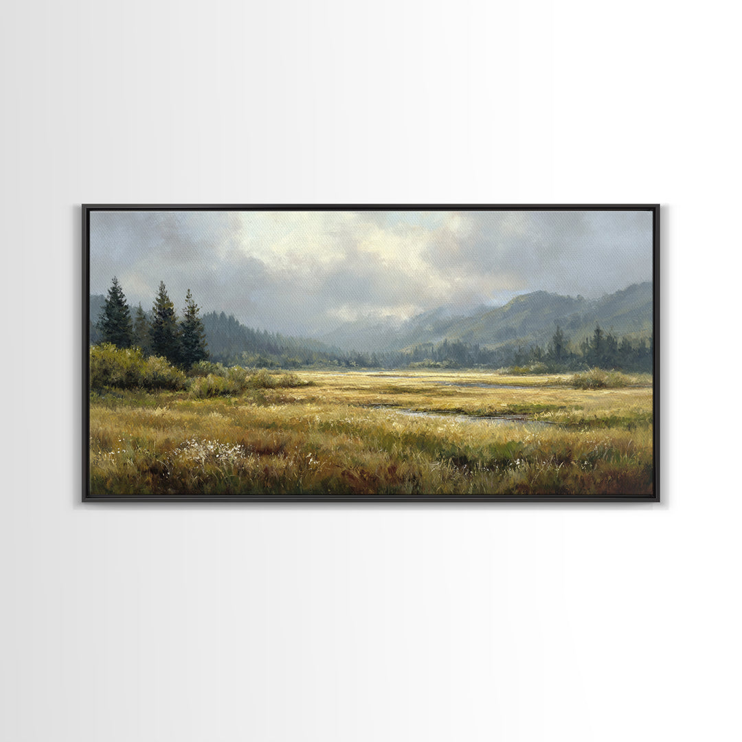 Wide Olive and Beige Meadow Panorama Framed Canvas Print, Above Sofa Art, Modern Decor, Living Room Decor, Oil Painting, ASA-2x1-6
