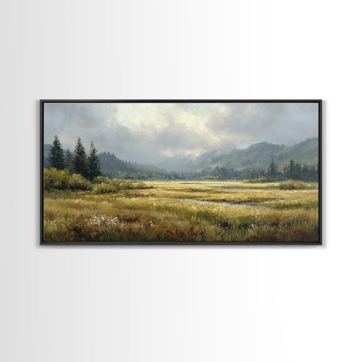 Wide Olive and Beige Meadow Panorama Framed Canvas Print, Above Sofa Art, Modern Decor, Living Room Decor, Oil Painting, ASA-2x1-6