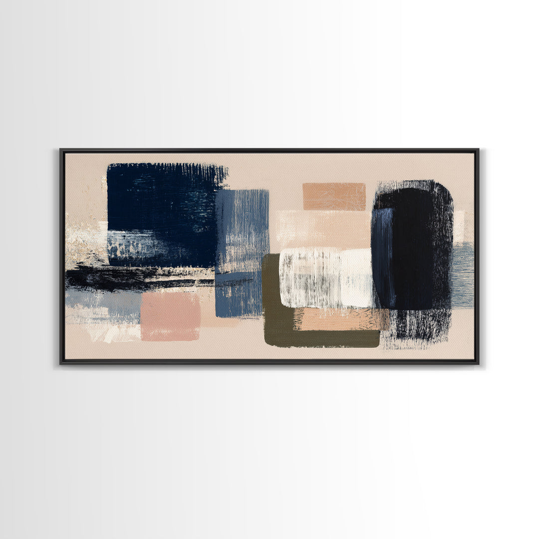 Bold Navy and Ivory Abstract Brushwork Canvas Print, Above Sofa Art, Textured Painting, Living Room Decor, Statement, ASA-2x1-86