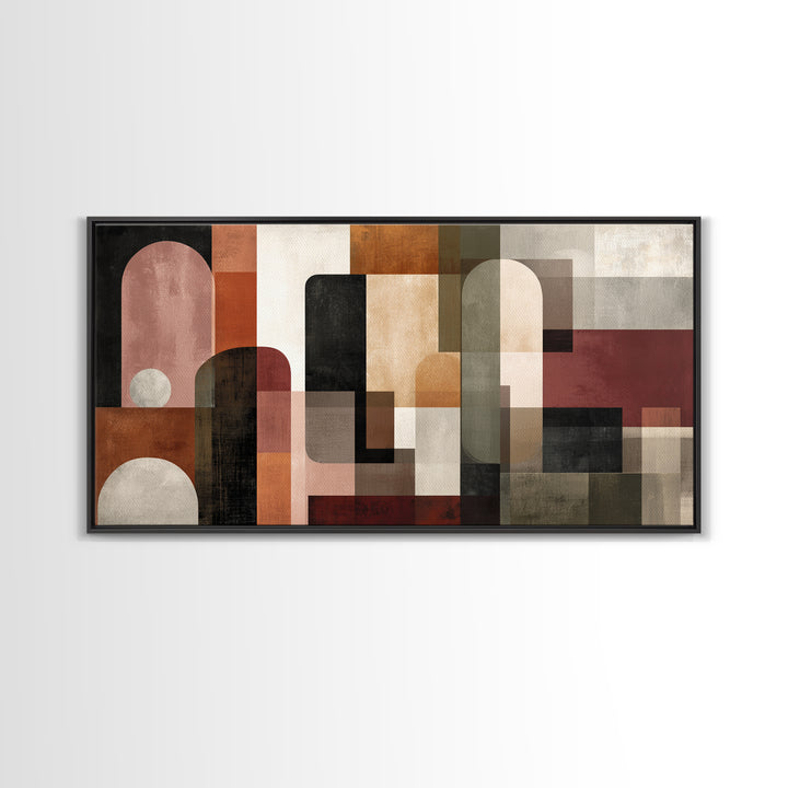 Bold Mid Century Geometric Forms Framed Canvas Print, Above Sofa Art, Bedroom Wall Art, Living Room Decor, Fine Art, Statement, ASA-2x1-96