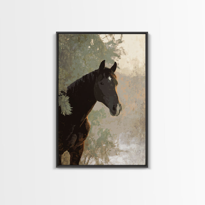 Statement Horse Silhouette Framed Canvas Print, Above Sofa Art, Mid Century Modern, Living Room Decor, Fine Art, Statement, ASA-2x3-69