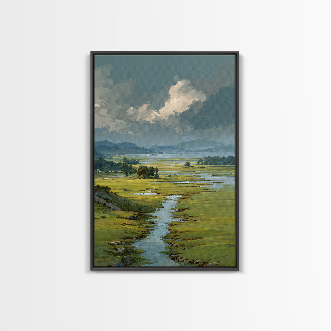 Wide Olive and Beige Meadow Panorama Framed Canvas Print, Above Sofa Art, Living Room Decor, Oil Painting, Statement, ASA-2x3-90