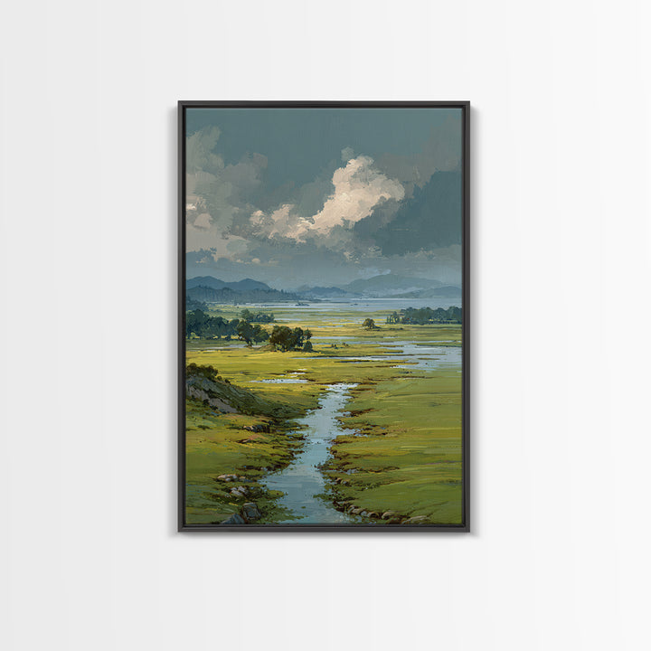Wide Olive and Beige Meadow Panorama Framed Canvas Print, Above Sofa Art, Living Room Decor, Oil Painting, Statement, ASA-2x3-90