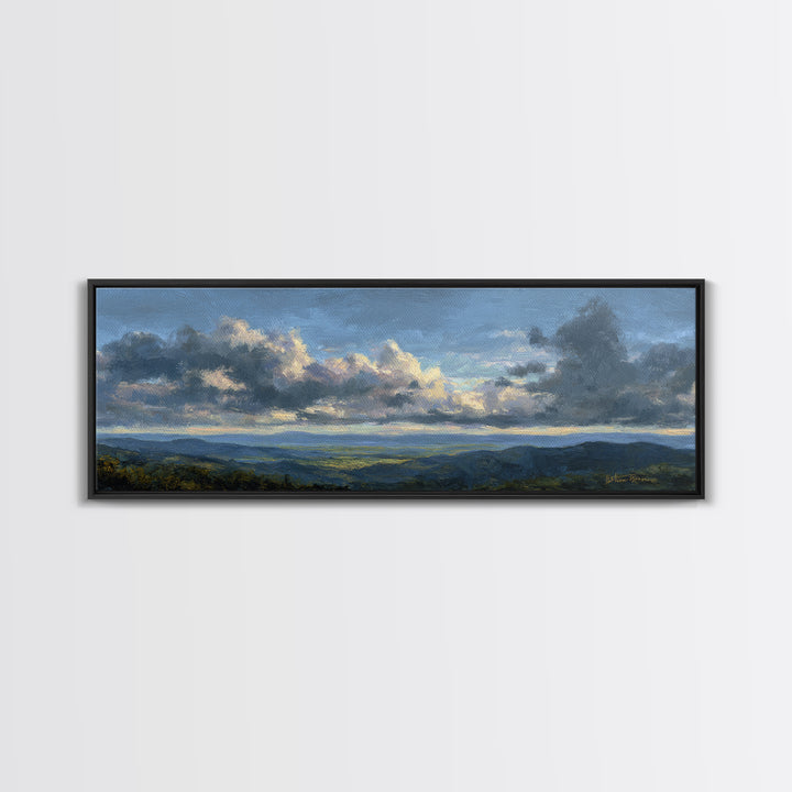 Dramatic Cloudscape over a Distant Valley Canvas Print, Above Sofa Art, Boho Wall Art, Living Room Decor, Watercolor Art, ASA-3x1-21
