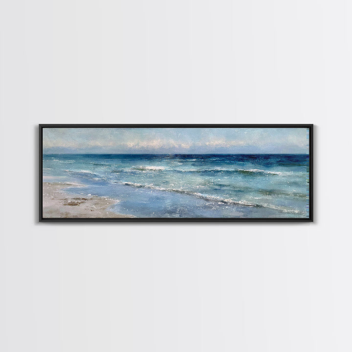 Moody Seascape at Twilight Framed Canvas Print, Above Sofa Art, Modern Art, Living Room Decor, Oil Painting, Statement, ASA-3x1-28