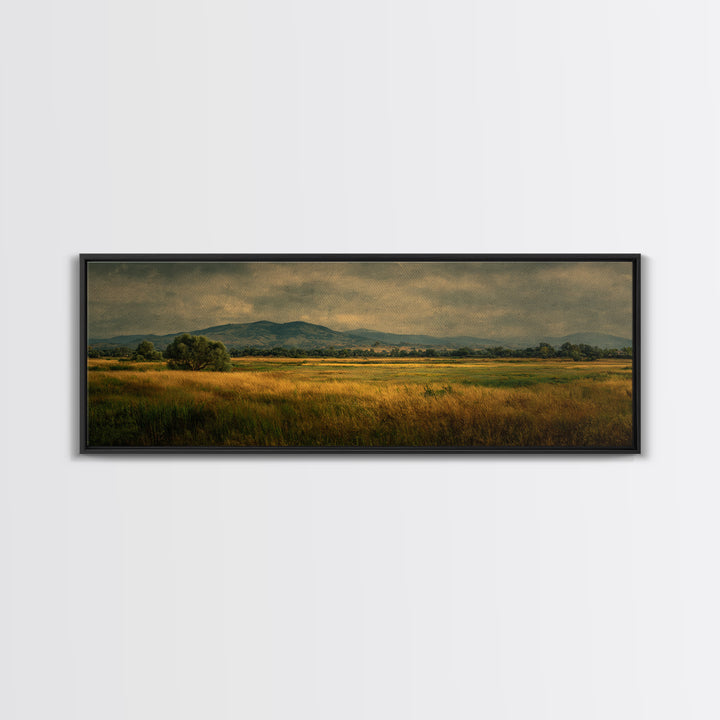 Wide Olive and Beige Meadow Panorama Framed Canvas Print, Above Sofa Art, Boho Wall Art, Living Room Decor, Fine Art, Statement, ASA-3x1-74
