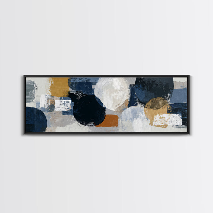 Bold Navy and Ivory Abstract Brushwork Framed Canvas Print, Above Sofa Art, Farmhouse Decor, Living Room Decor, Statement, ASA-3x1-82