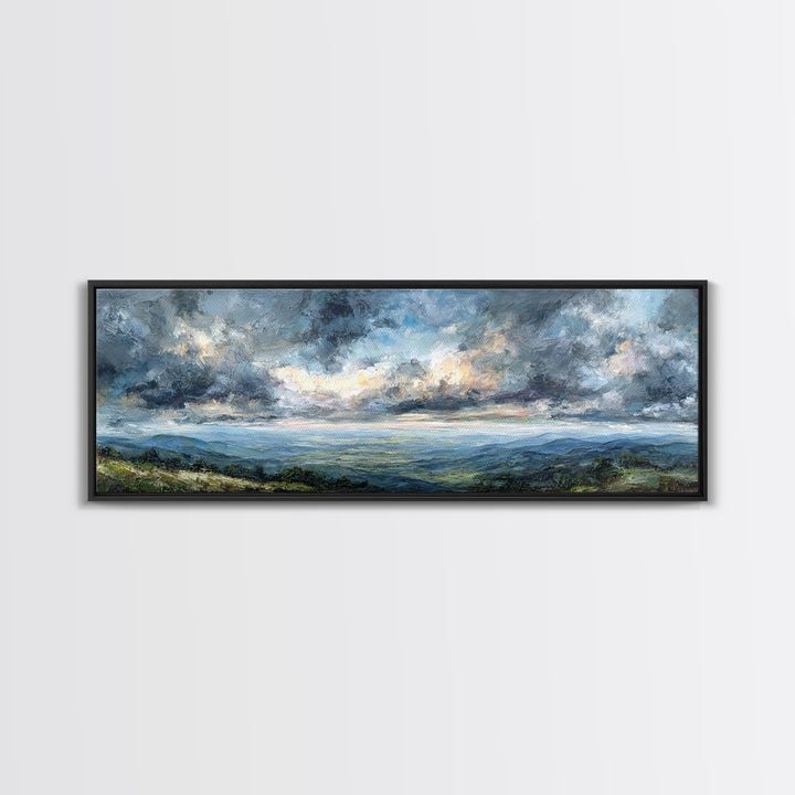 Dramatic Cloudscape over a Distant Valley Canvas Print, Above Sofa Art, Coastal Wall Art, Living Room Decor, Oil Painting, ASA-3x1-93