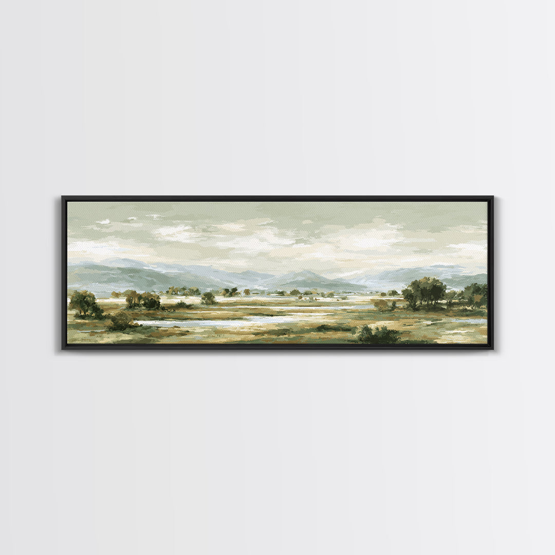 Wide Olive and Beige Meadow Panorama Canvas Print, Above Sofa Art, Canvas Print, Living Room Decor, Oil Painting, Statement, ASA-3x1-98