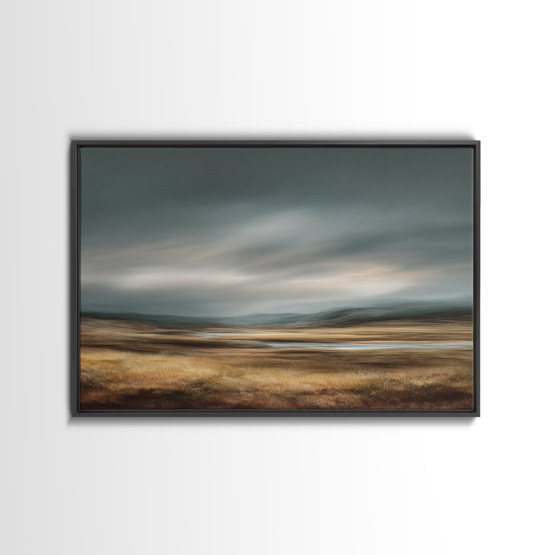 Wide Olive and Beige Meadow Panorama Framed Canvas Print, Above Sofa Art, Living Room Decor, Oil Painting, Statement, ASA-3x2-14