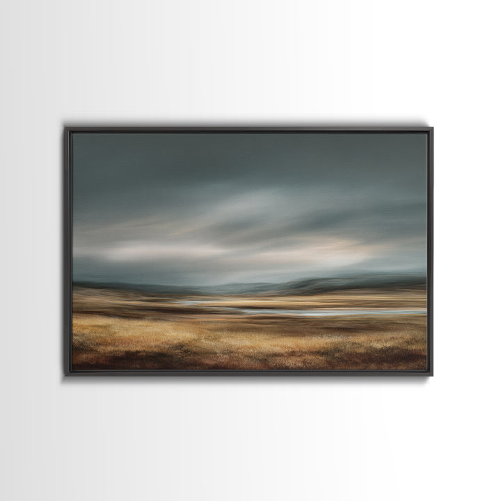 Wide Olive and Beige Meadow Panorama Framed Canvas Print, Above Sofa Art, Living Room Decor, Oil Painting, Statement, ASA-3x2-14