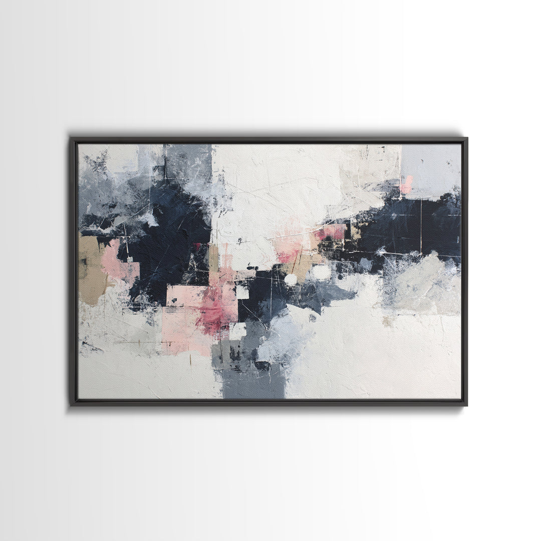 Bold Navy and Ivory Abstract Brushwork Framed Canvas Print, Above Sofa Art, Living Room Decor, Abstract Art, Statement, ASA-3x2-46