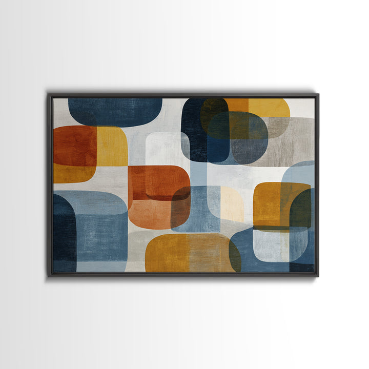 Bold Mid Century Geometric Forms Framed Canvas Print, Above Sofa Art, Floral Wall Art, Living Room Decor, Abstract Art, ASA-3x2-80