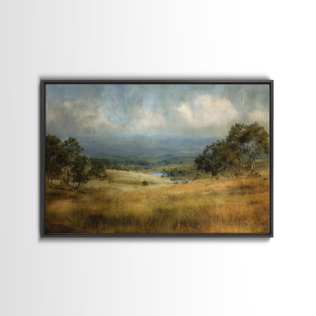 Wide Olive and Beige Meadow Panorama Framed Canvas Print, Above Sofa Art, Horizontal Wall Art, Living Room Decor, Statement, ASA-3x2-86