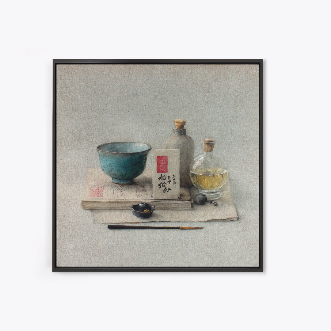 Tea Bowl and Steam Still Life on Canvas Print, Asian Inspired Art, Bird Art, Living Room Decor, Oil Painting, Harmony, ASI-1x1-15