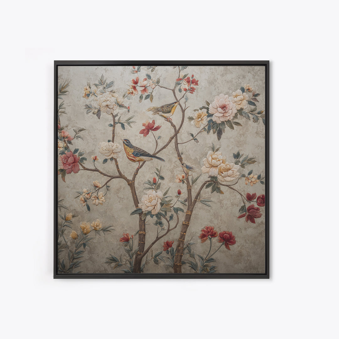 Fan Shaped Composition of Blossoms and Birds Canvas Print, Asian Inspired Art, Japanese Art Print, Living Room Decor, Harmony, ASI-1x1-17