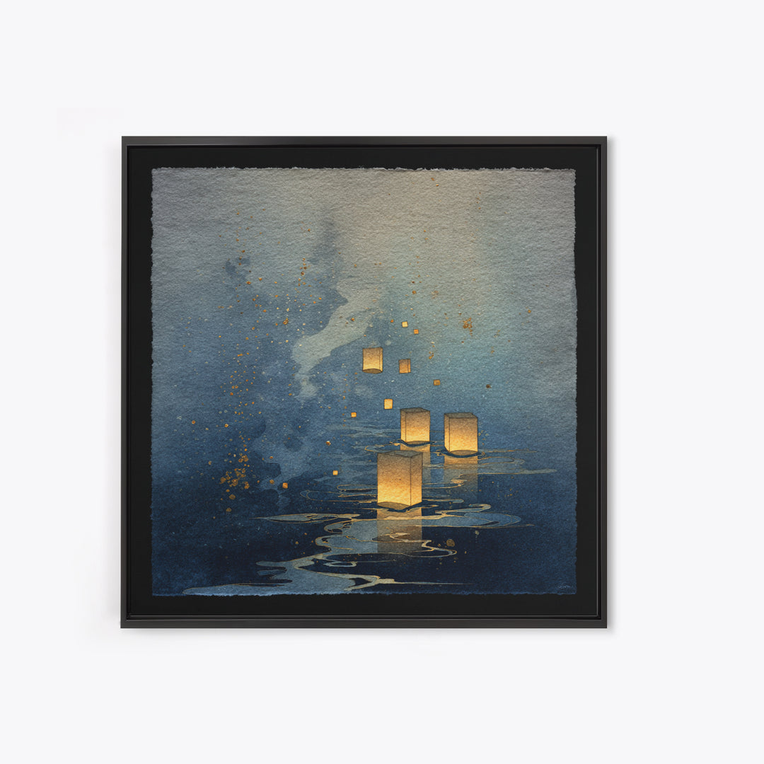 Floating Lanterns over Dark Water with Gentle Canvas Print, Asian Inspired Art, Bedroom Wall Decor, Living Room Decor, Harmony, ASI-1x1-19
