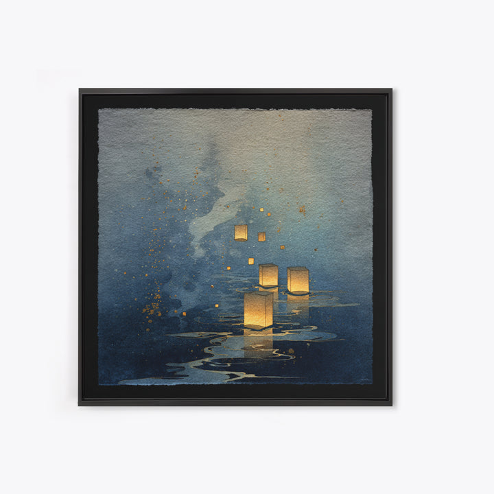 Floating Lanterns over Dark Water with Gentle Canvas Print, Asian Inspired Art, Bedroom Wall Decor, Living Room Decor, Harmony, ASI-1x1-19