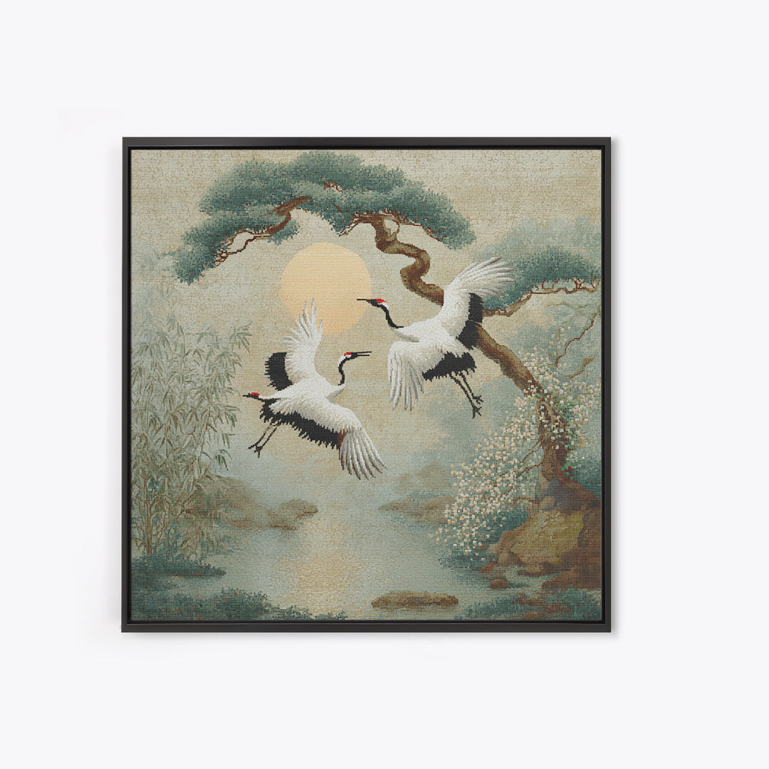 Red Crowned Cranes Flying Through Misty Pine Canvas Print, Asian Inspired Art, Modern Decor, Living Room Decor, Harmony, ASI-1x1-49