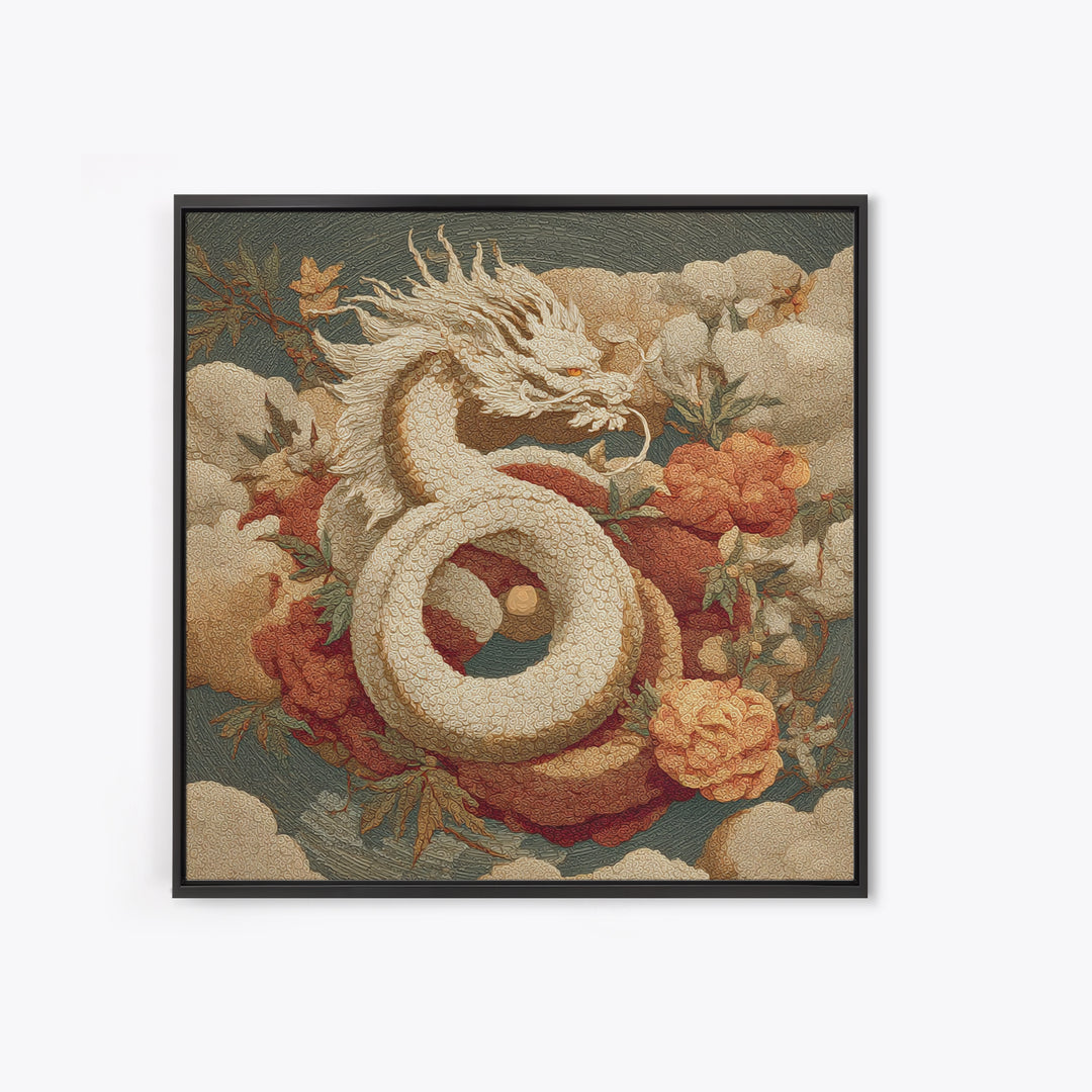 Dragon Curling Through Clouds Framed Canvas Print, Asian Inspired Art, Asian Wall Art, Living Room Decor, Oil Painting, Harmony, ASI-1x1-61
