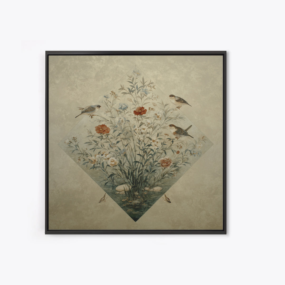 Fan Shaped Composition of Blossoms and Birds Canvas Print, Asian Inspired Art, Gallery Decor, Living Room Decor, Harmony, ASI-1x1-65