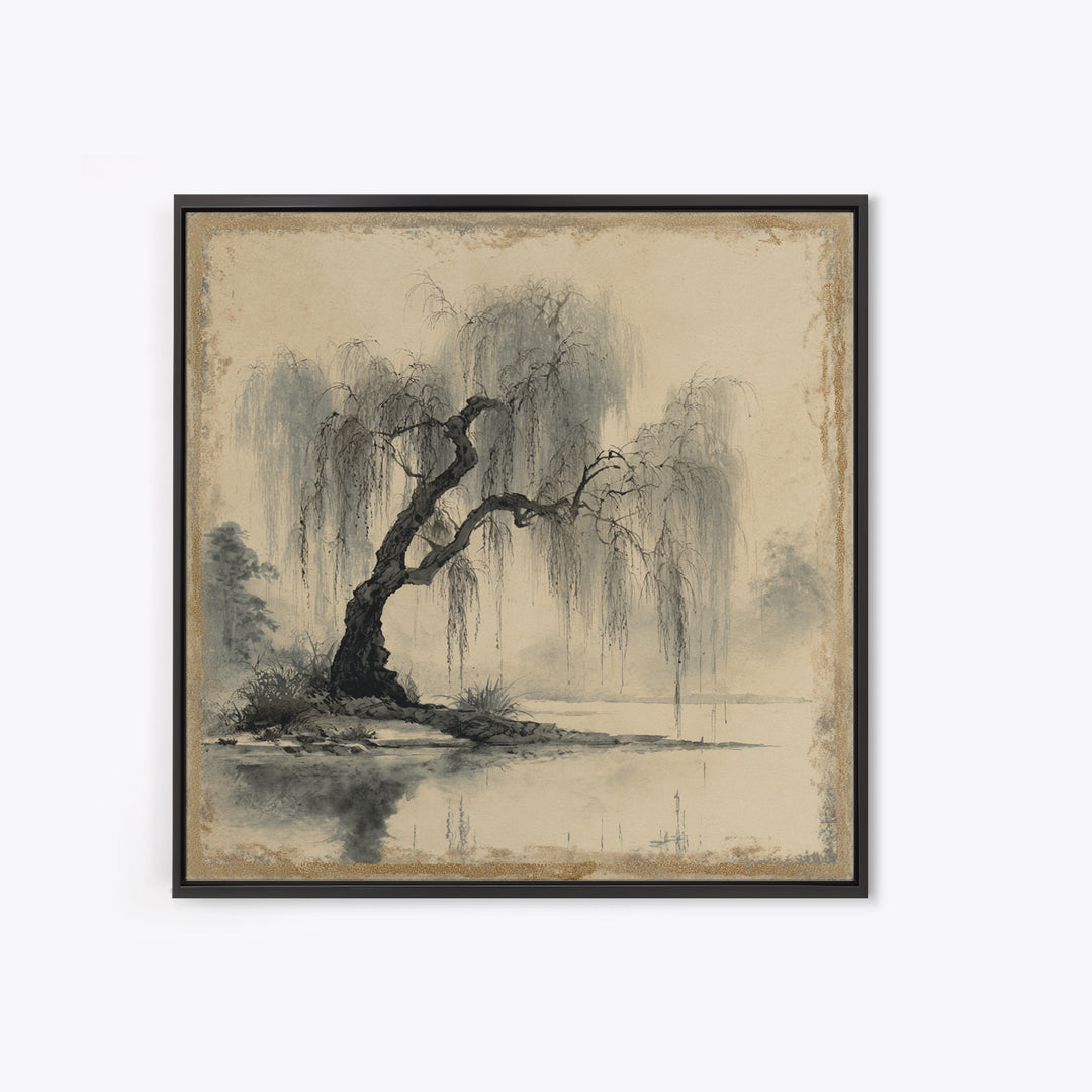 Willow Tree over a Reflective Pond Framed Canvas Print, Asian Inspired Art, Botanical Print, Living Room Decor, Abstract Art, ASI-1x1-66